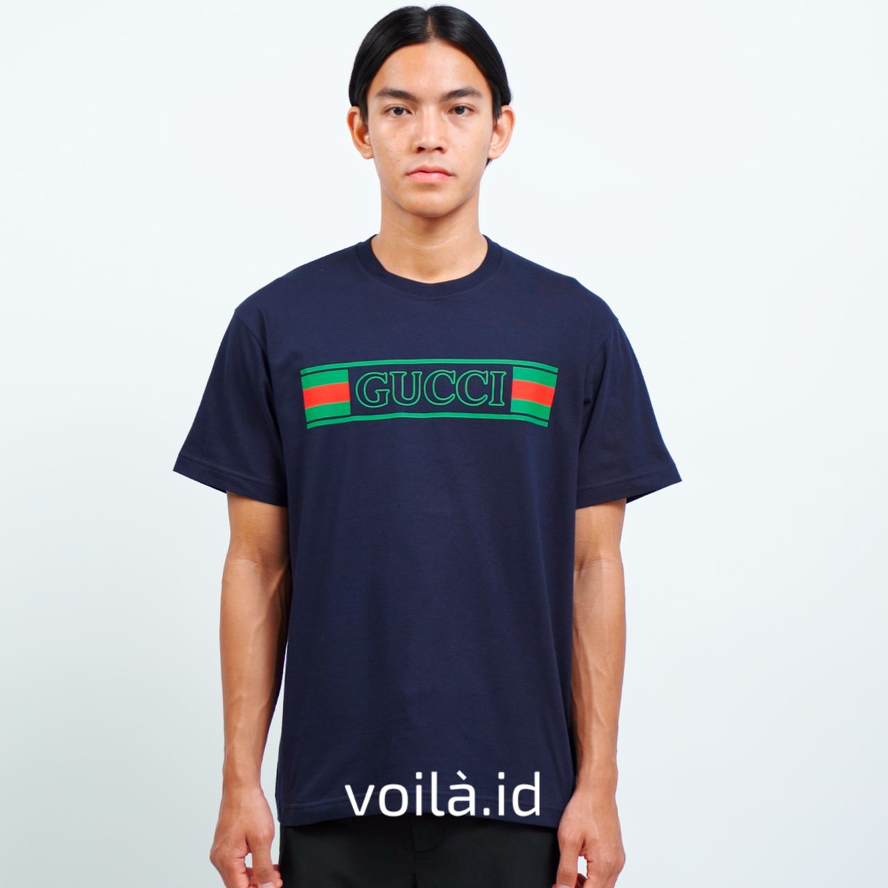 Gucci Web Banner Print Cotton Jersey T-Shirt Navy – voilà.id