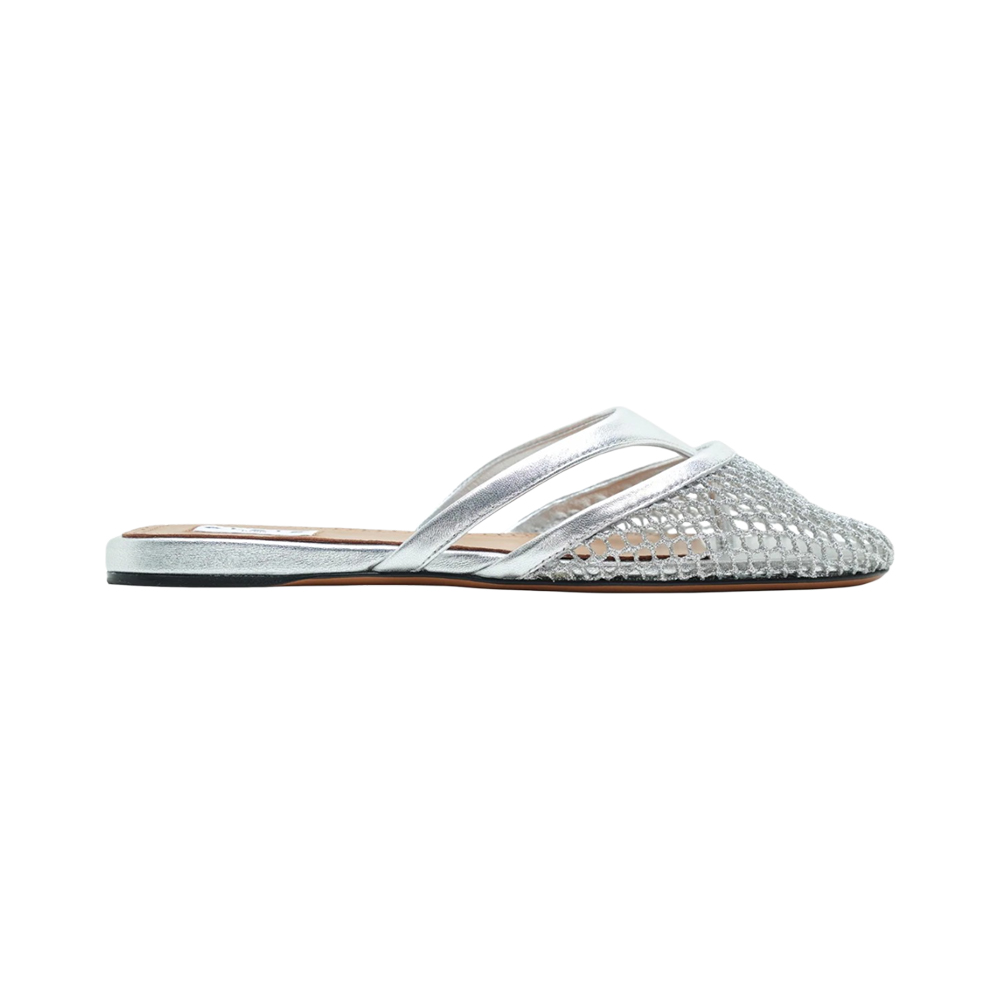 Alaa Infradito Flat Mules in Fishnet and Metallic Leather Silver ...