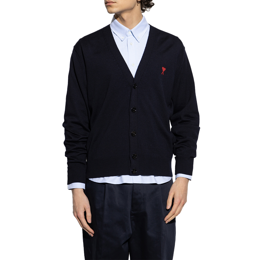 ★AMI PARIS★ Red Heart Logo Merino Wool Cardigan Black BFFK AMI PARIS - BLACK AMI DE COEUR WOOL CARDIGAN – LE LABO STORE