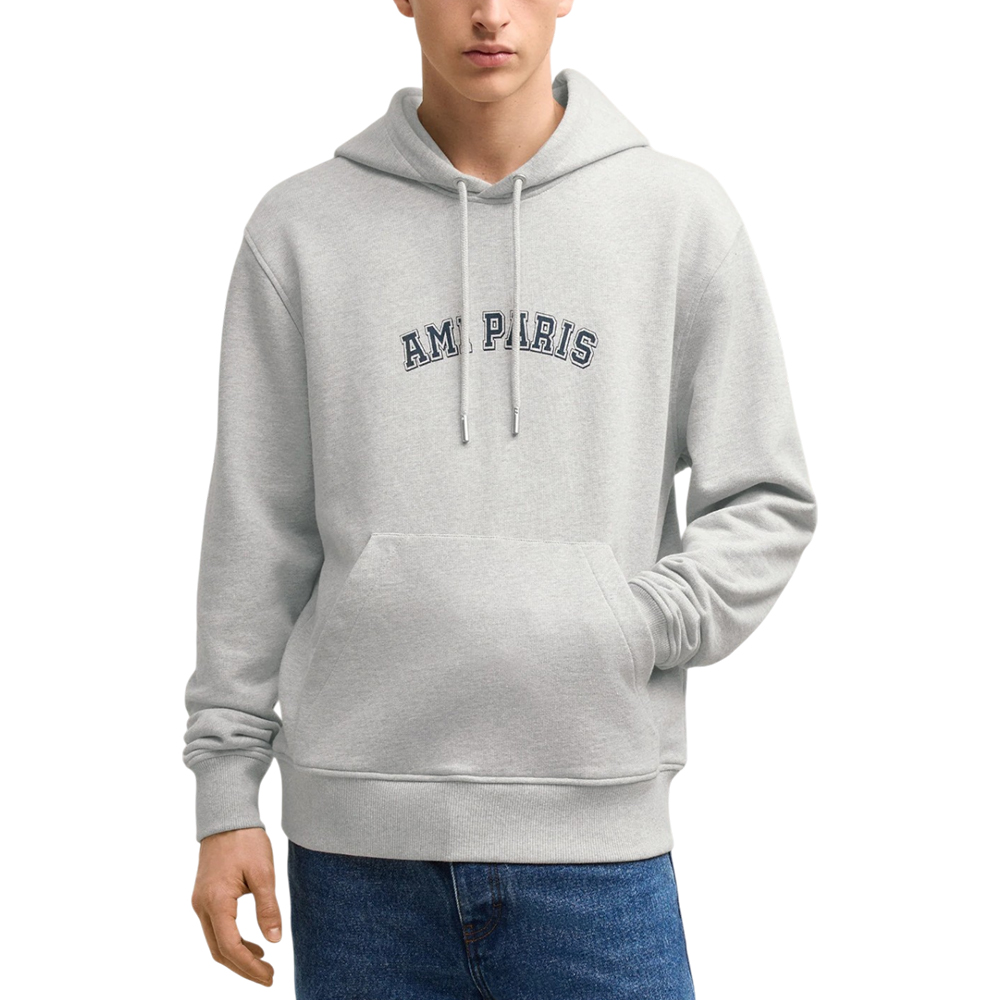 ★AMI PARIS★ AMI PARIS LOGO HOOD HEADER GREY USW2477300951 AMI PARIS Logo-Embroidered Cotton-Jersey Hoodie for Men | MR
