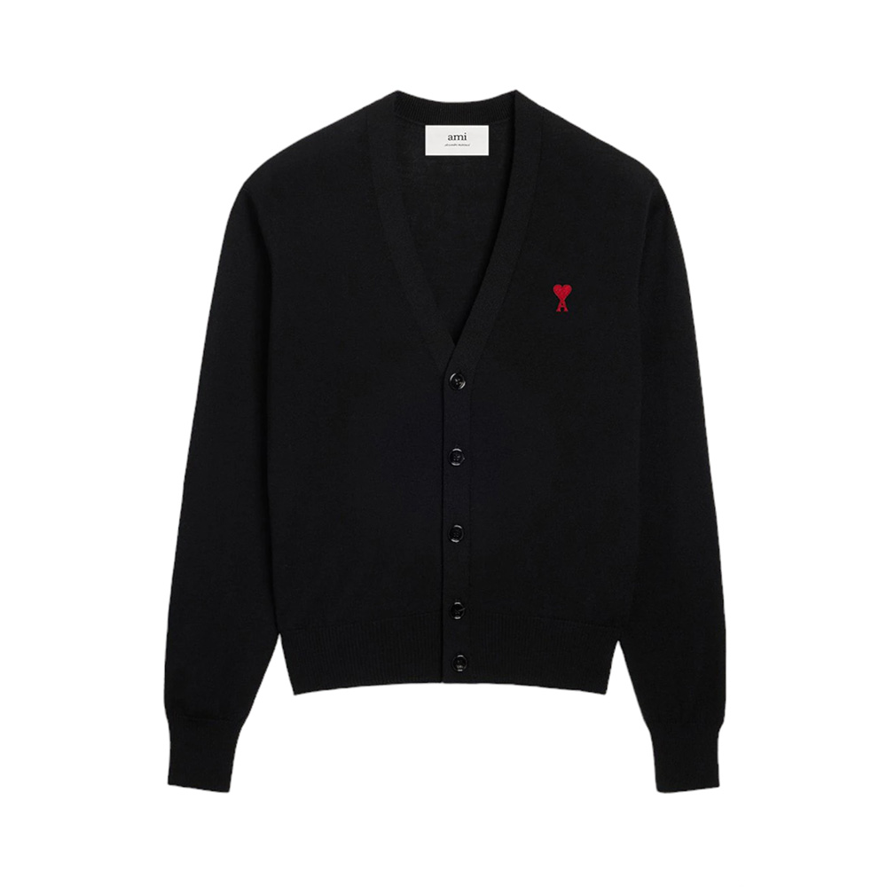 AMI Paris Red Ami De Coeur Merino Wool Cardigan Navy Blue