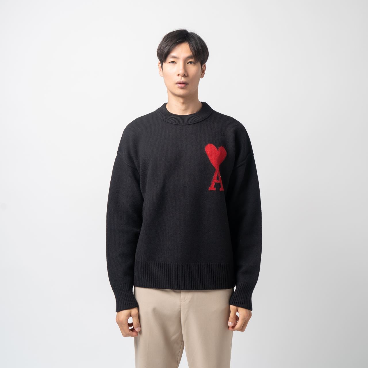 ★★AMI PARIS★★ Red Heart Logo Merino Wool Knit Night Blue Night Blue/Red Red Ami De Coeur Sweater | AMI PARIS