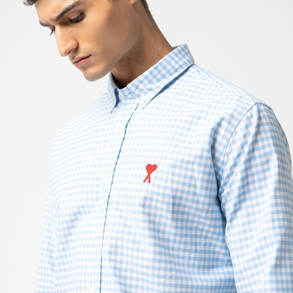 AMI Paris Red Ami De Coeur Button Down Shirt Gingham Check Sky