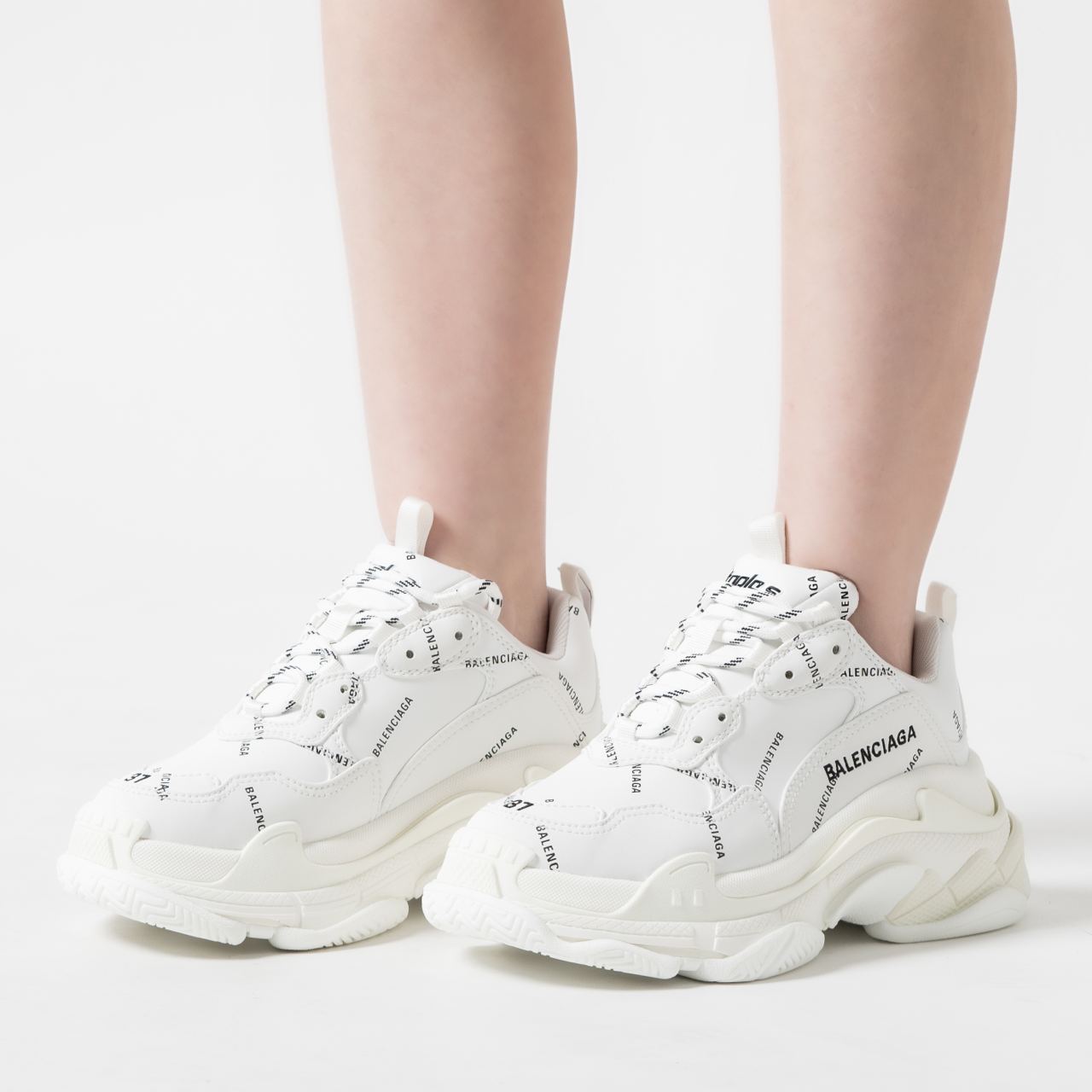 Balenciaga All Over Logo Triple S Trainers White Black –