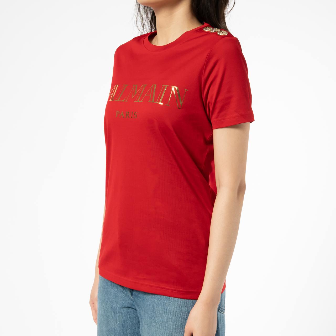 Balmain Flock Coin Gold Vintage Logo T-Shirt Red Ghw Women –