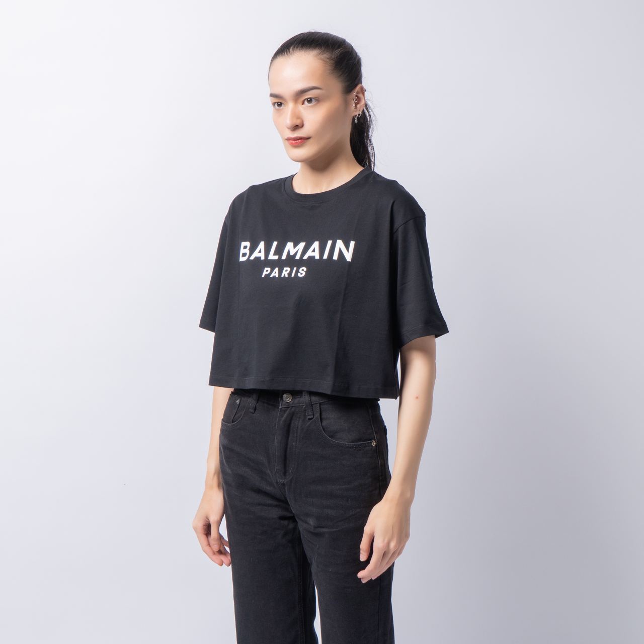 Balmain Logo Print Cropped T-Shirt Black White – voilà.id