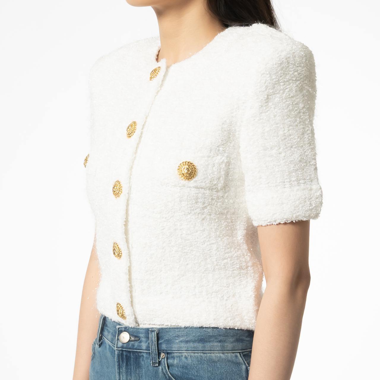 Cardigan Balmain Tweed Jaune Et Blanc - Taille 42 FR/10 US, Col Plongeant
