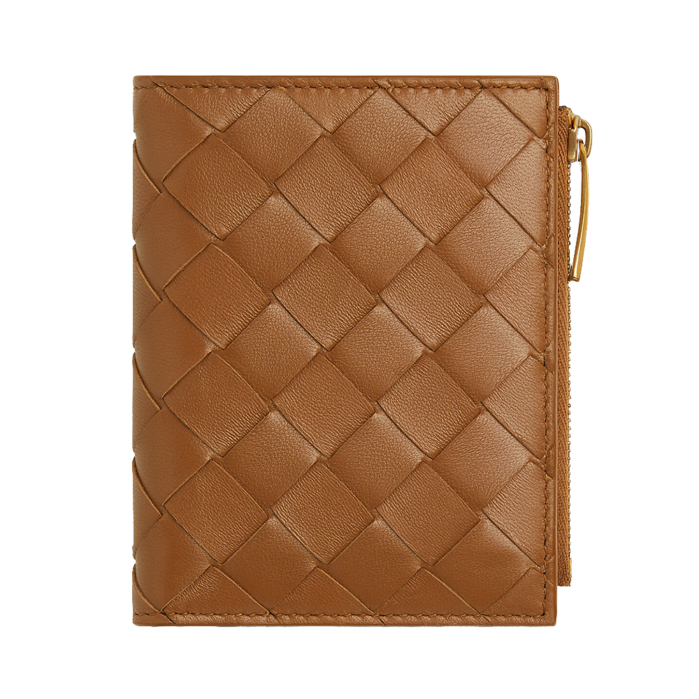 Bottega Veneta Small Intrecciato Bi-Fold Zip Wallet Wood