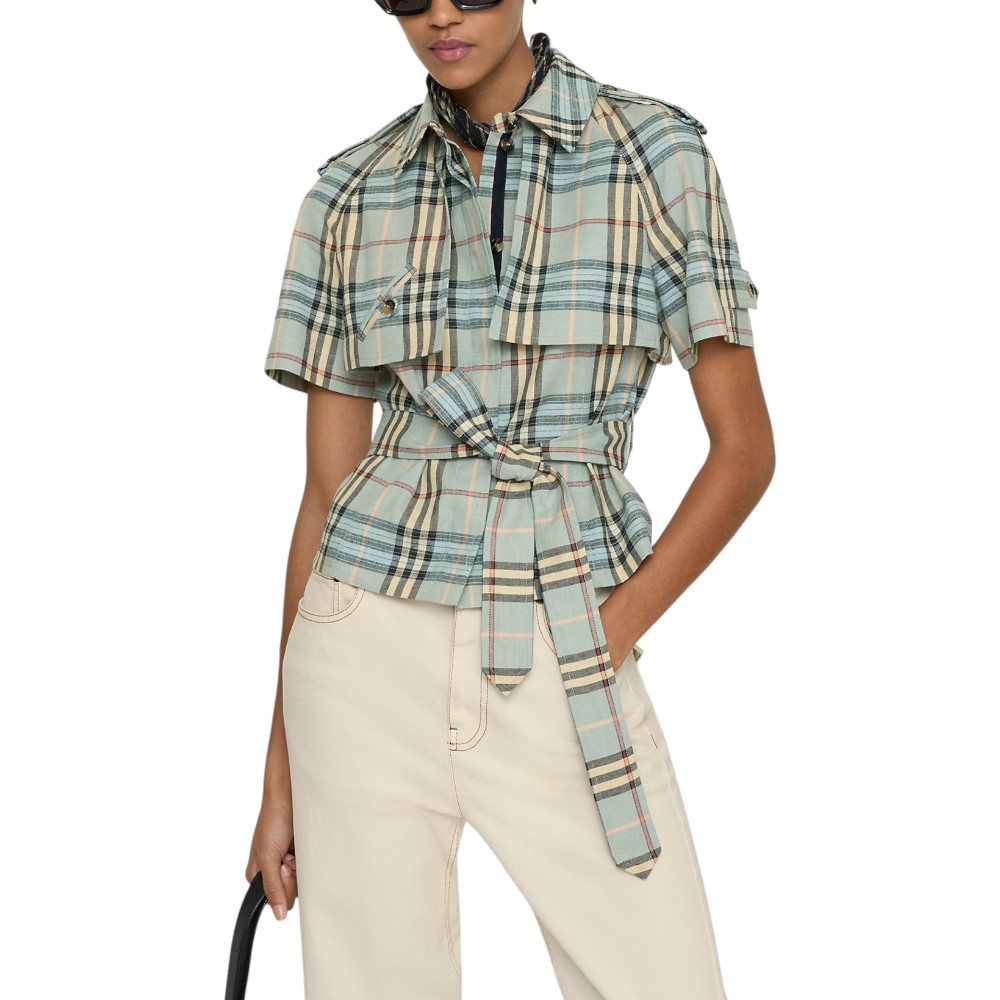 週末SALE＊Burberryチェック柄クロップドブラトップタンクトップL Burberry Cropped Check Linen Wool Trench Shirt Pale Slate Blue