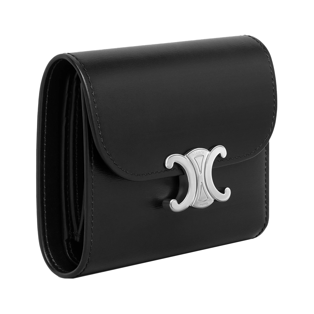 折りたたみ財布 CELINE COMPACT WALLET TRIOMPHE SHINY CALFSKIN BLACK NWT Authentic Celine Triumph Compact Wallet Shiny Calfskin