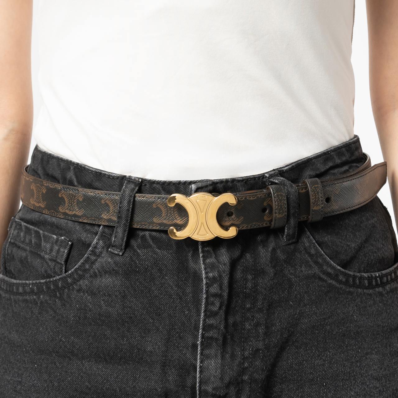 【関税込】CELINE Women Triomphe Canvas Belt 25MM Medium 25MM Triomphe Belt in Triomphe Canvas and Calfskin