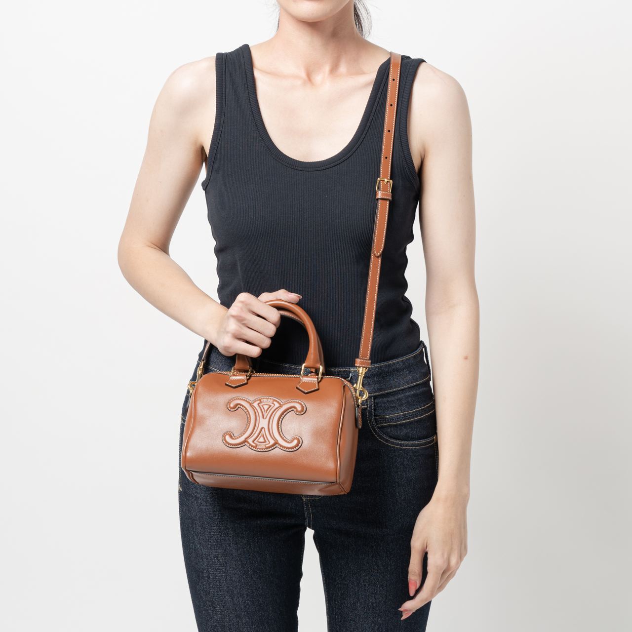 CELINE｜ (SMALL CUIR TRIOMPHE BOSTON IN SMOOTH CALF SKIN Women's Small Boston cuir Triomphe in textile and calfskin