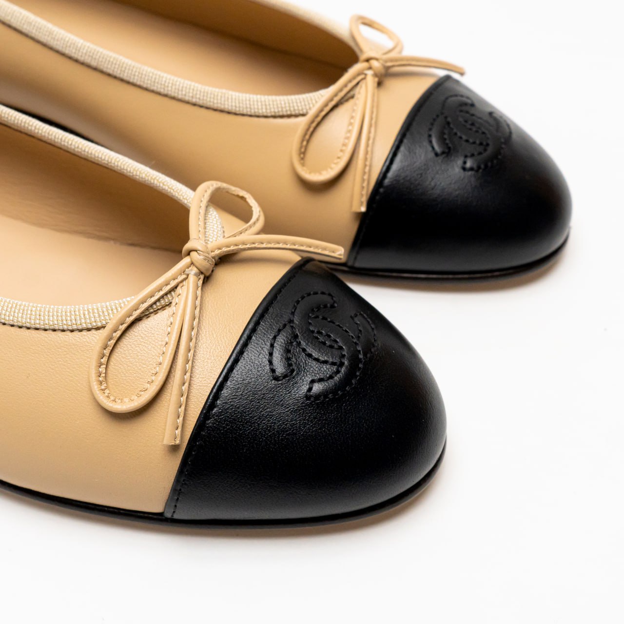 Chanel Logo Stitch Lambskin Leather Ballerina Beige Black –