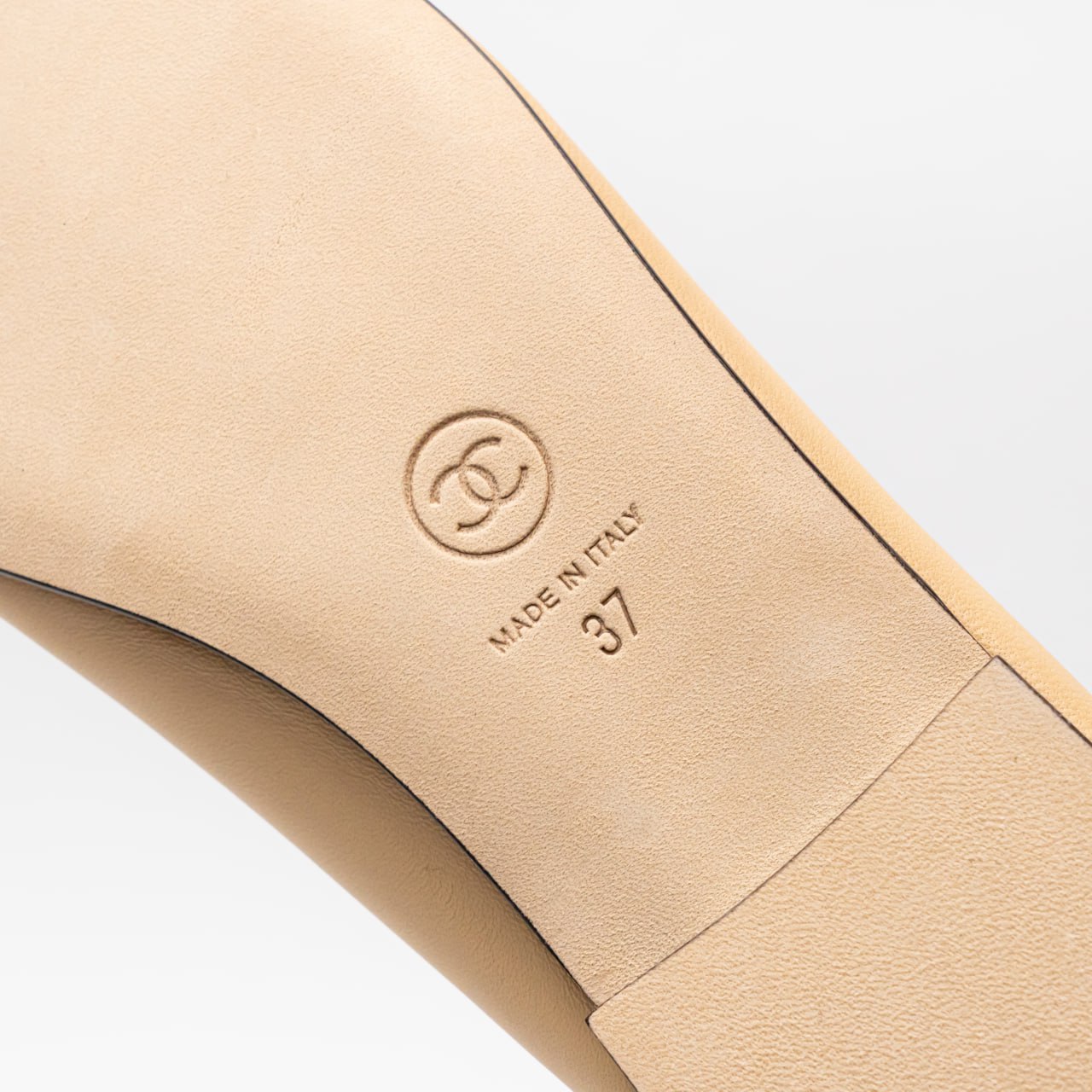 Chanel Logo Stitch Lambskin Leather Ballerina Beige Black –