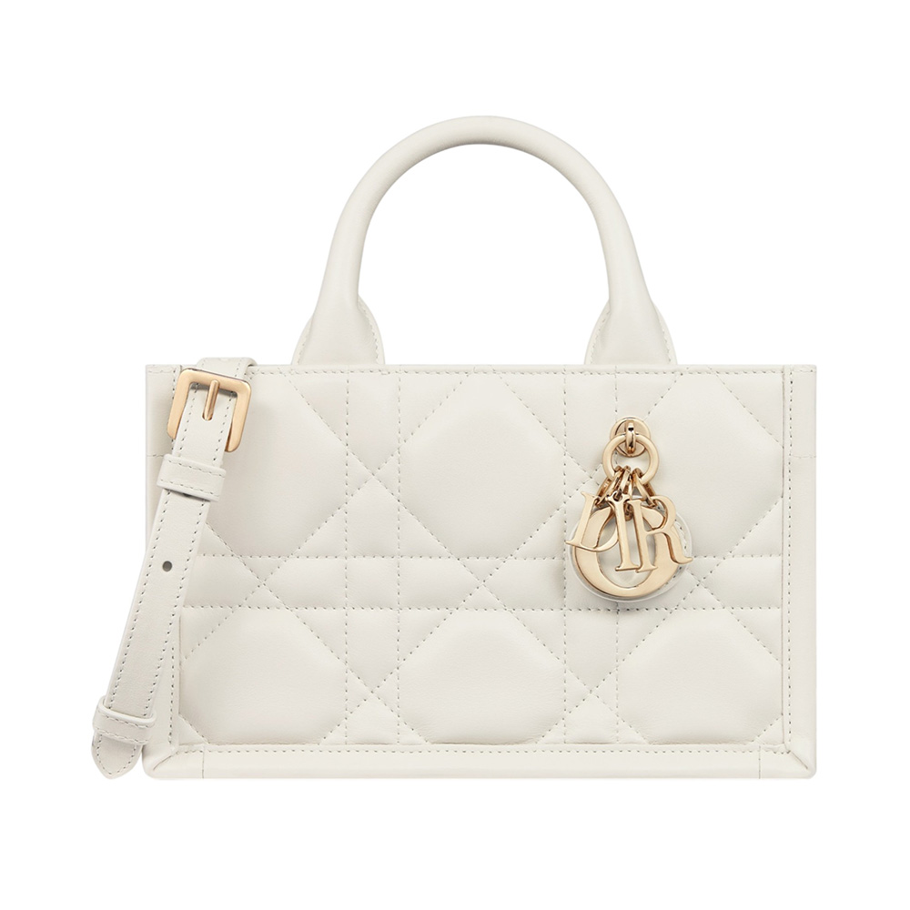MINI LADY BAG 17 IN WHITE QUILTED MACROCANNAGE CALFSKIN BLACK STRAP