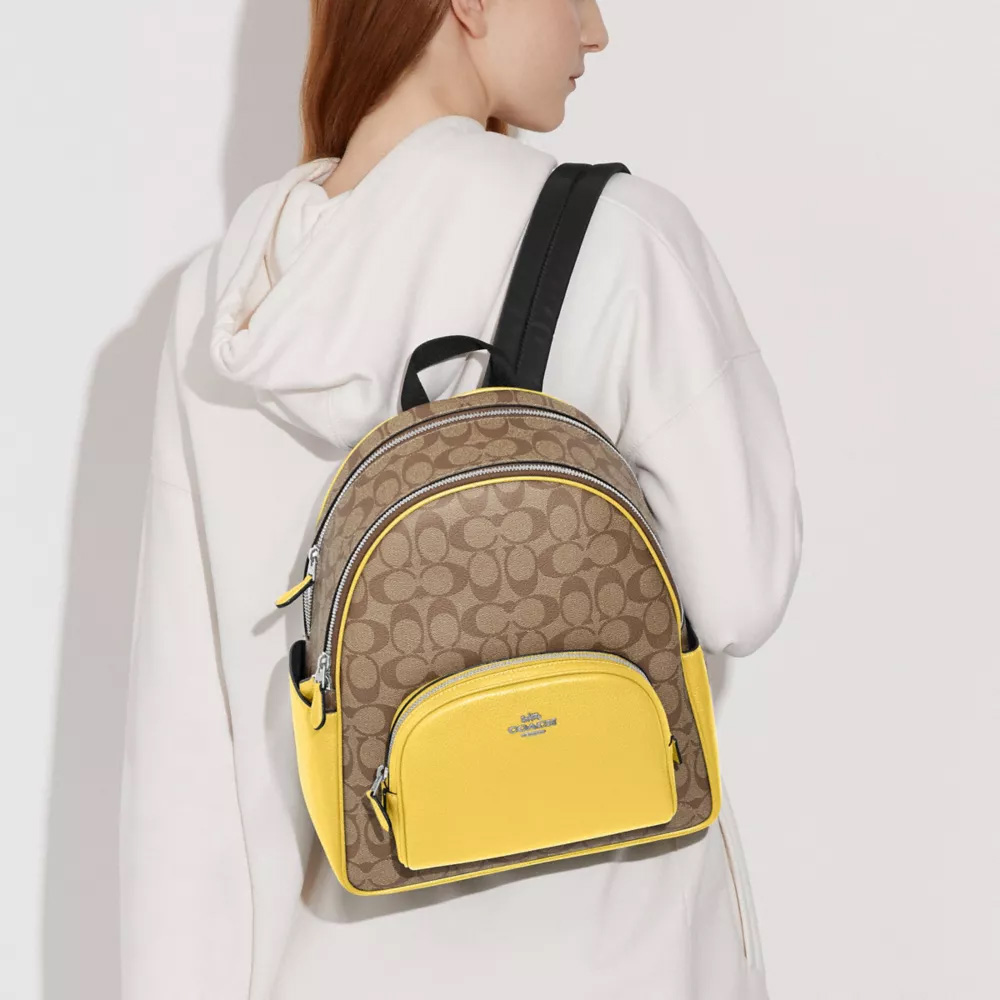 Coach Court Backpack Signature Canvas Silver Khaki Retro Yellow