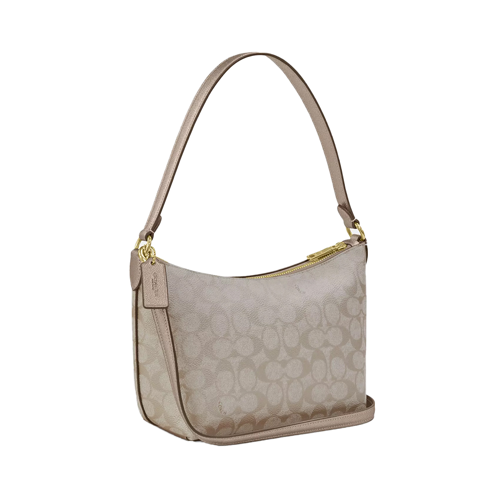 Coach Zip Top Shoulder Bag Signature Metallic Champagne Multi