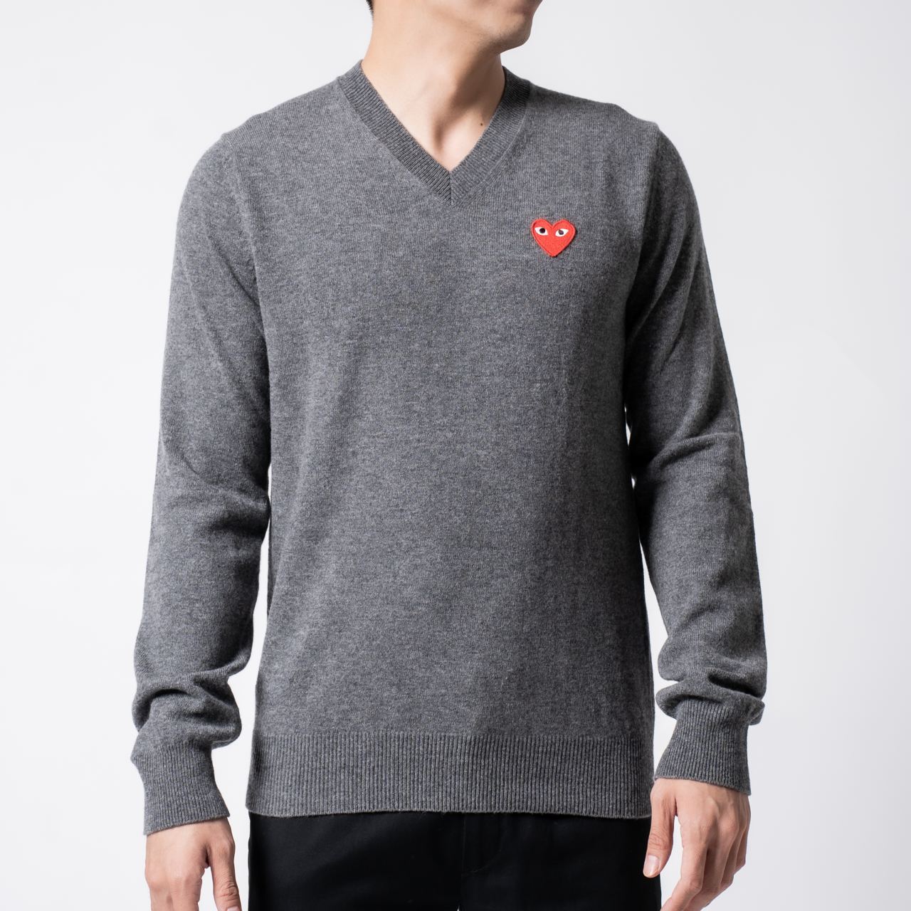 トップス PLAY CDG RED HEART V NECK SWEATER GRAY Comme des Garçons PLAY - Red Heart Sweater in Grey – Stoy