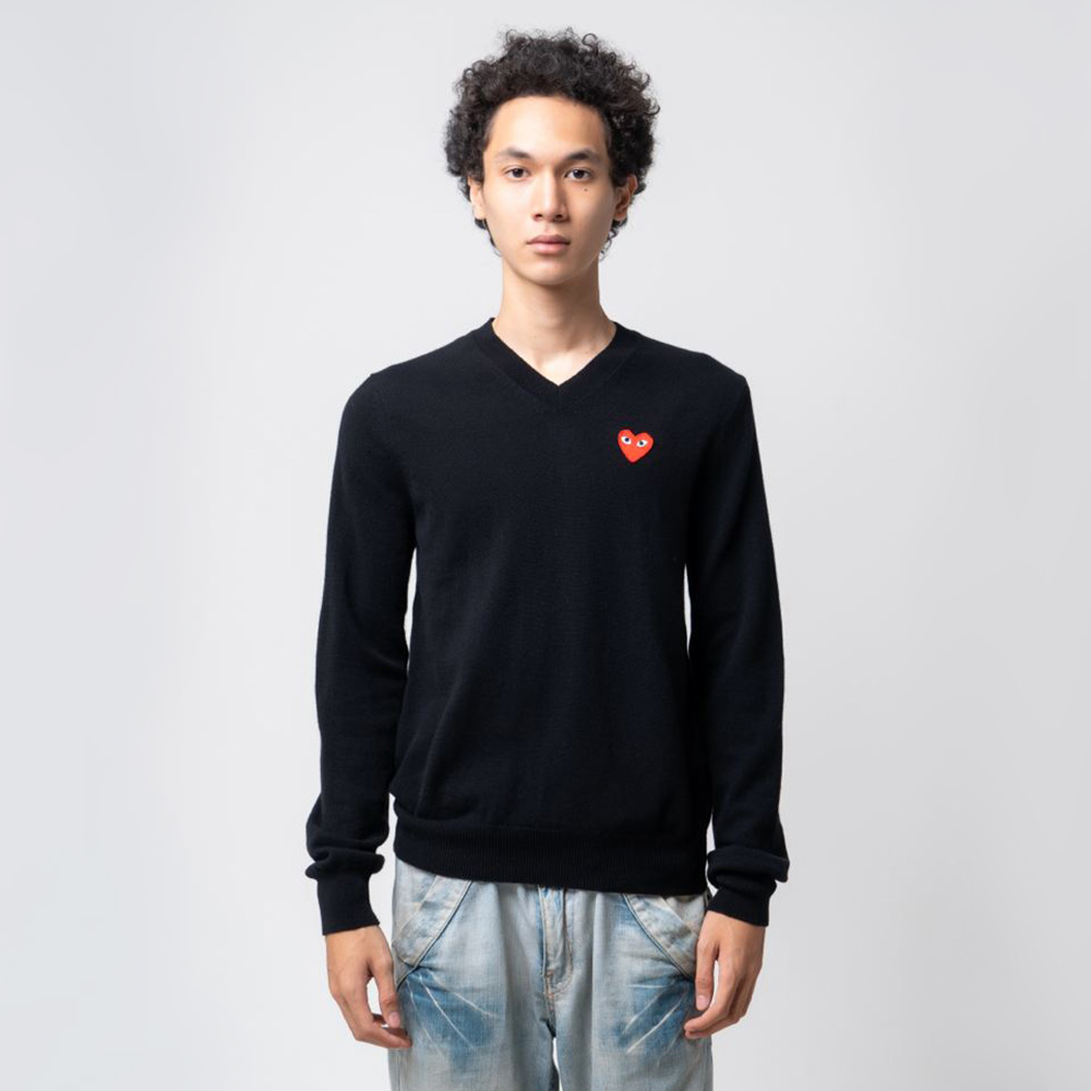 Comme Des Garcons Red Heart Patch V-Neck Pullover Grey