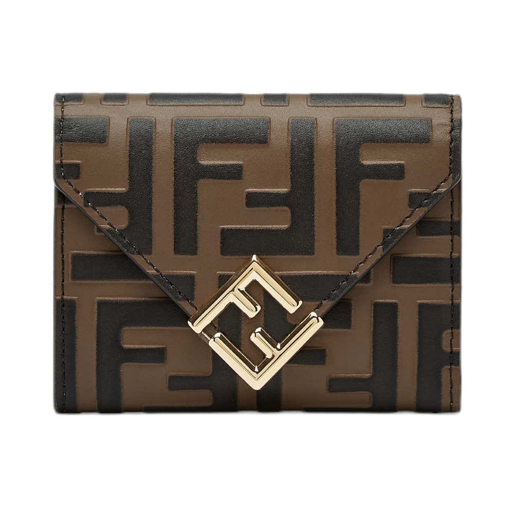 Fendi FF Diamonds Embossed Leather Trifold Wallet Brown