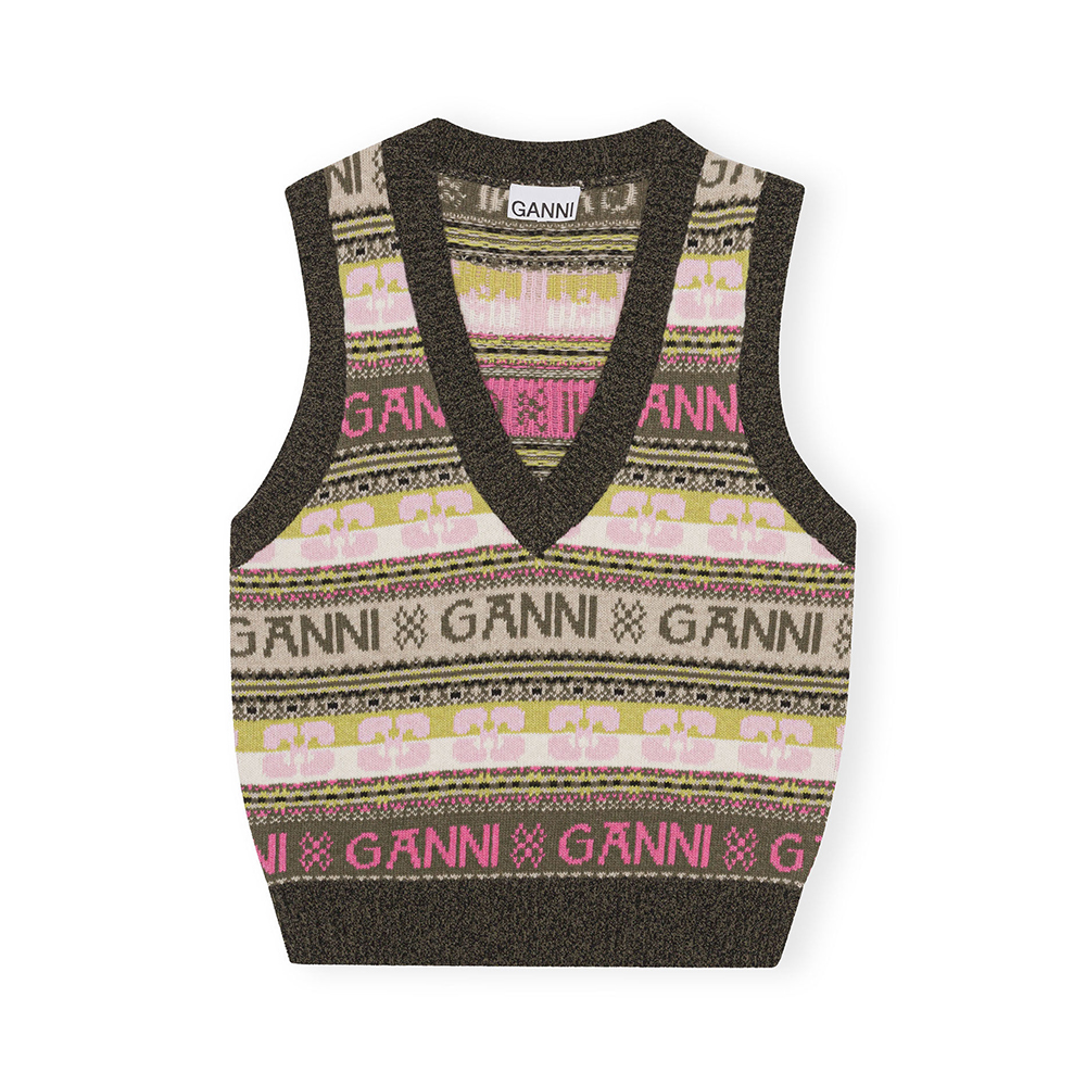 ガニー ベスト ピンクGANNI GRAPHIC WOOL MIX VEST Chalk Pink Pink Graphic Wool Handknit Vest | GANNI US