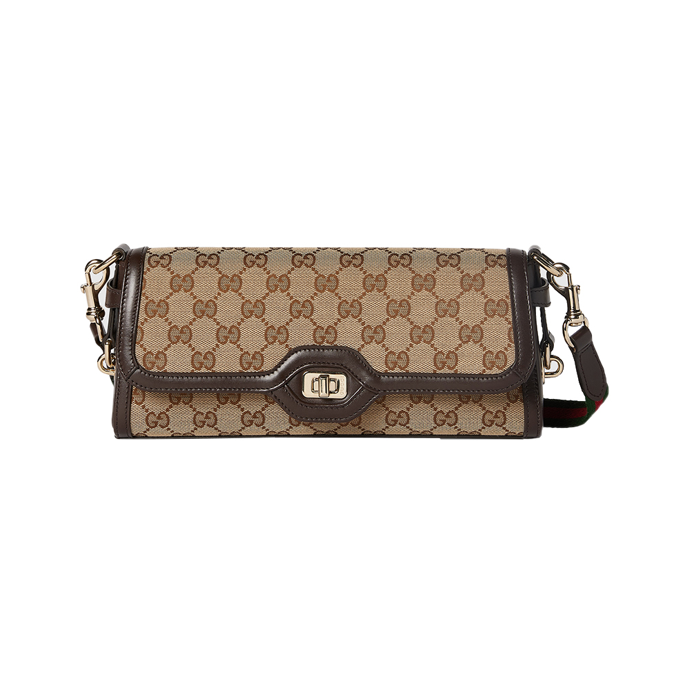 LUCE MINI SHOULDER BAG 20 IN BEIGE CANVAS AND DARK BROWN CALFSKIN TRIM GOLD HARDWARE