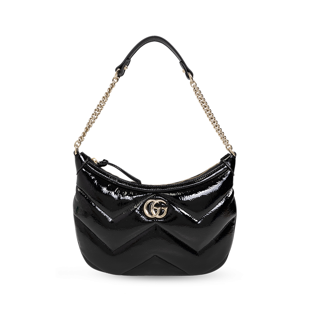 Gucci GG Marmont Quilted Chevron Patent Leather Shoulder Bag Black