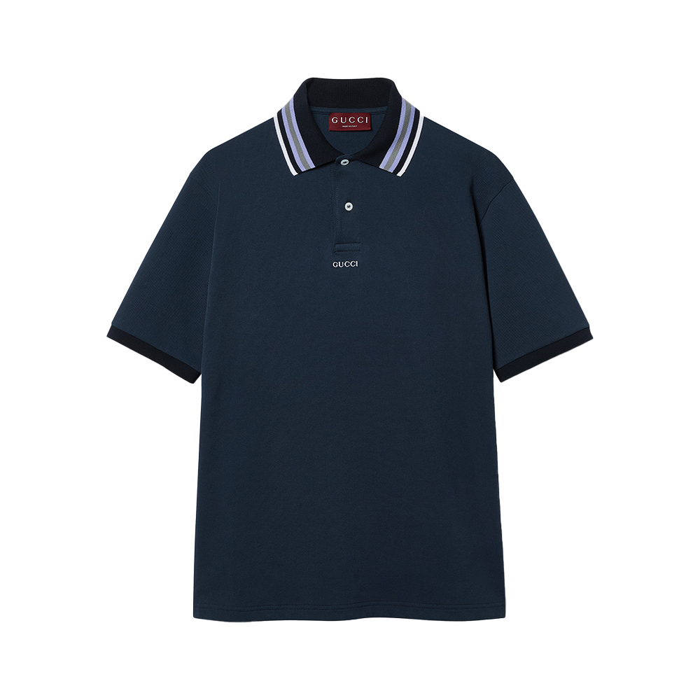 Striped Colar Embroidered Logo Polo Shirt Navy