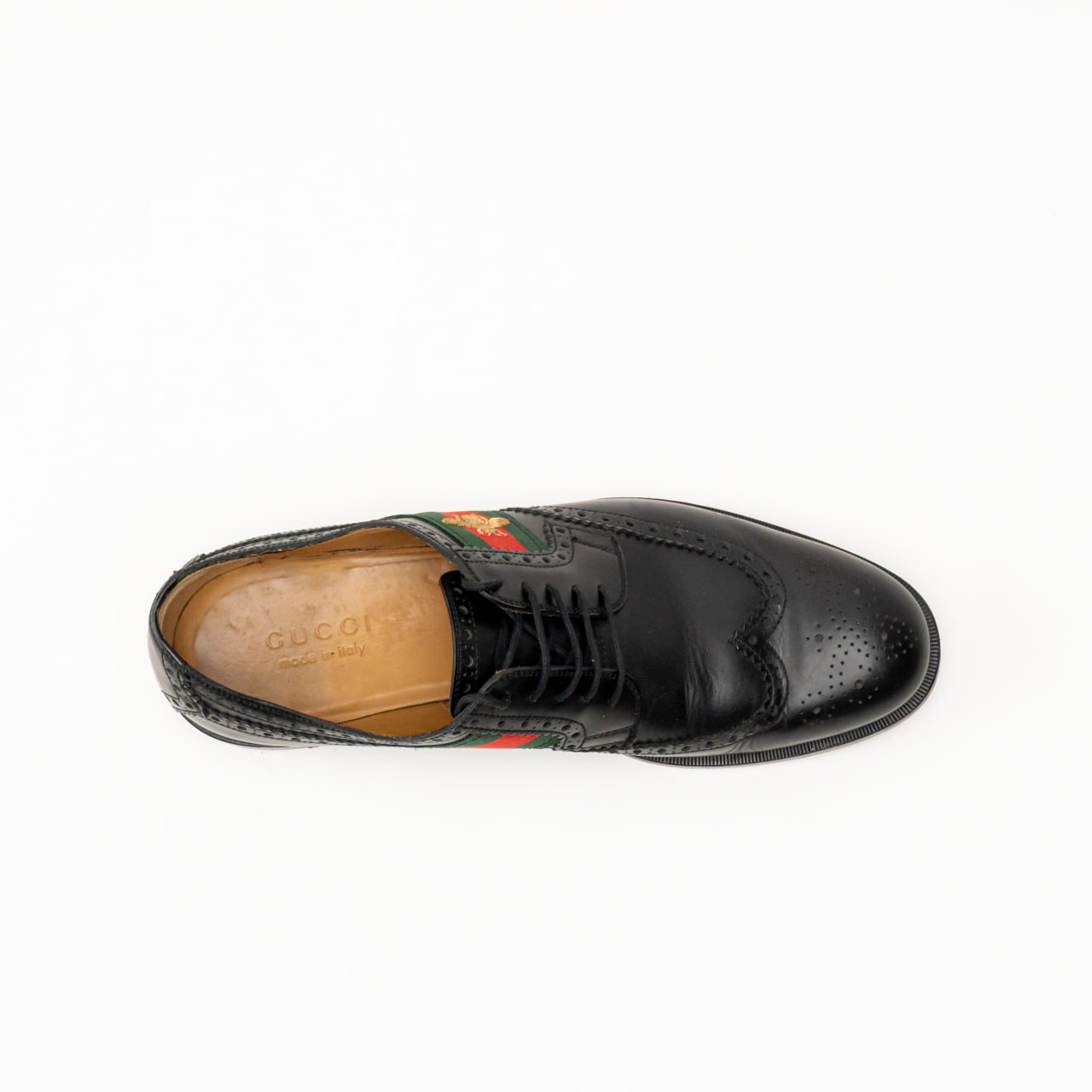 Gucci Derby Brogue Leather Bee Web Loafers Black –