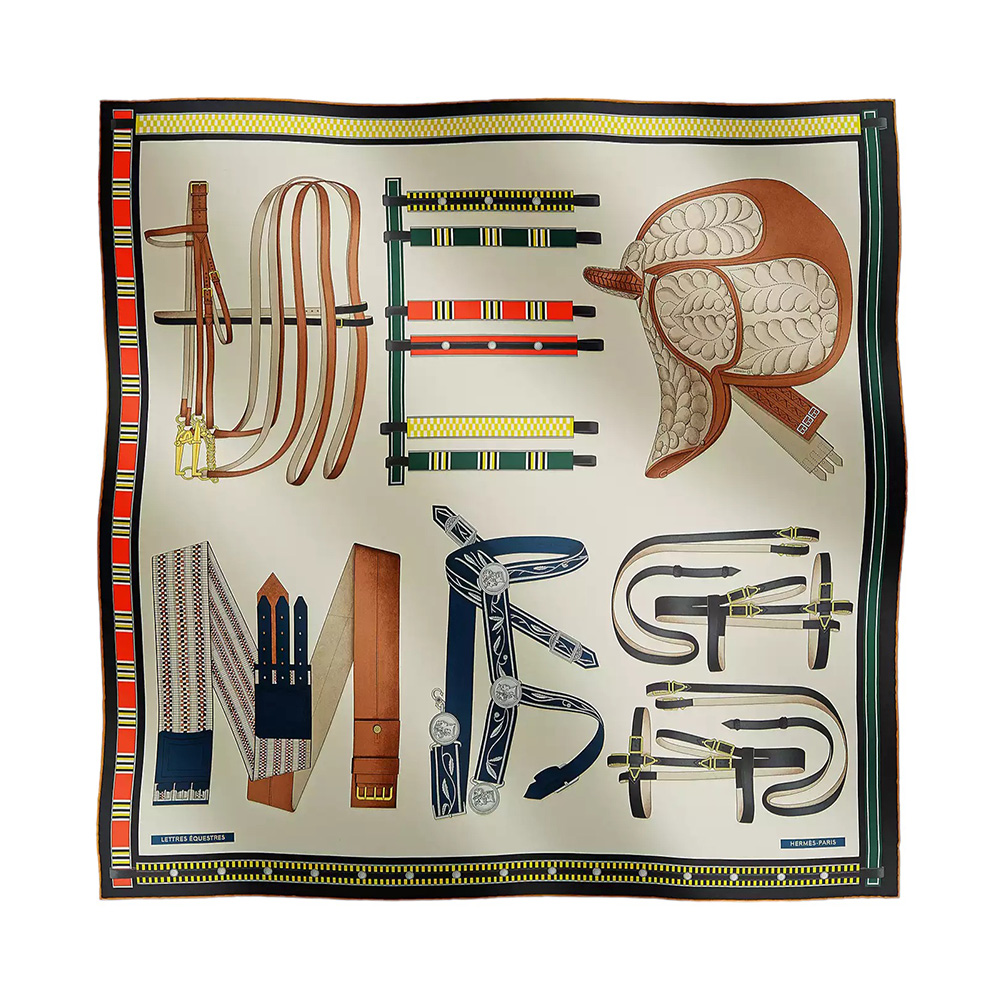 Hermes Lettres Equestre Scarf 90 Crème / Jaune / Multicolore