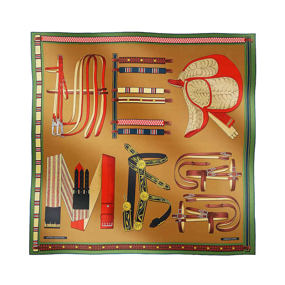 Hermes Lettres Equestre Scarf 90 Tabac / Vert / Rouge – voilà.id
