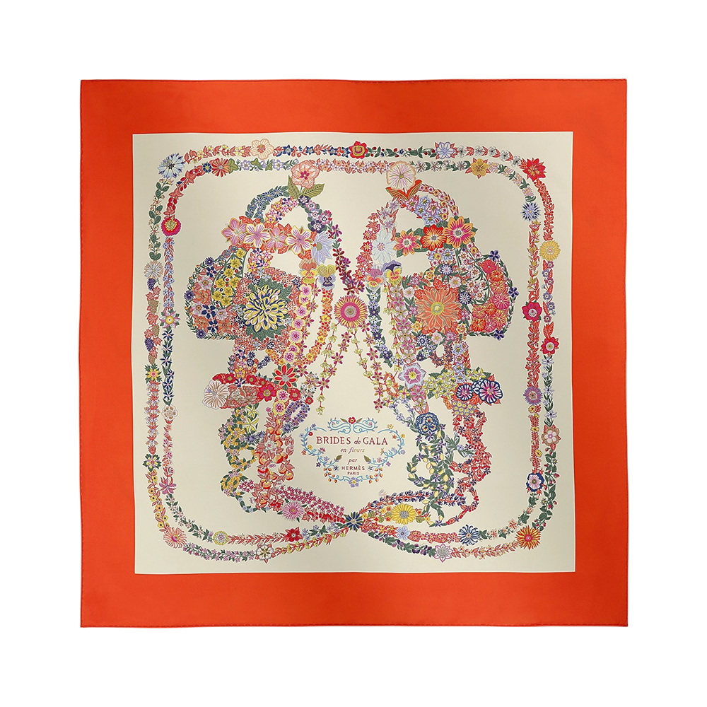 Hermès Brides De Gala En Fleur Scarf 90 Vermillon / Vanille