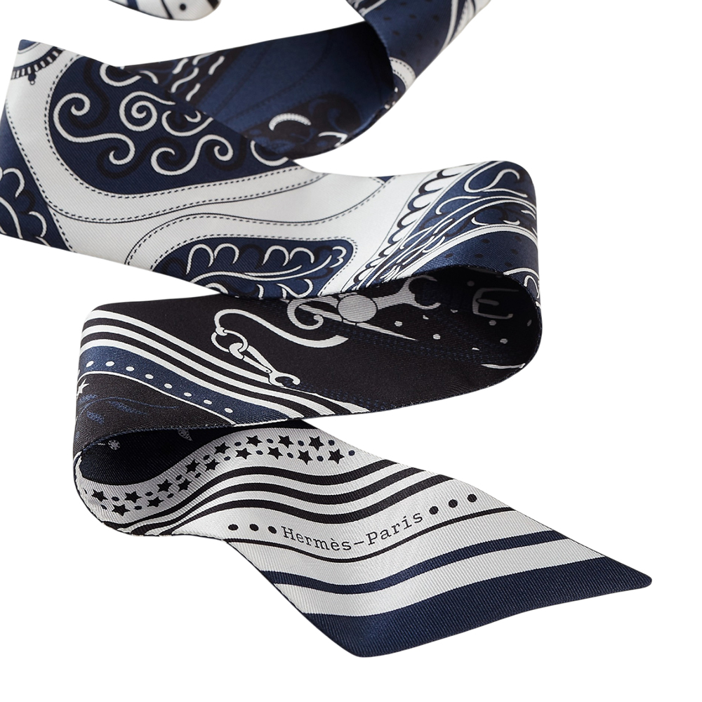 Hermès Festival Des Amazones Bandana Twilly Marine / Blanc