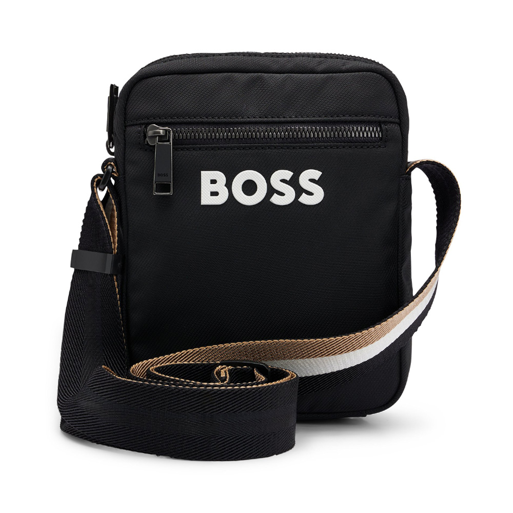 Hugo Boss Catch 3.0 Logo Contrast Messenger Bag with Stripe Strap Black voila.id