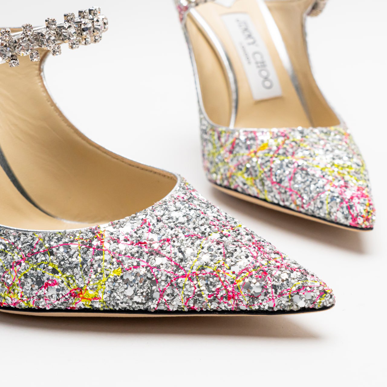 サンダル・ミュール JIMMY CHOO BING 65 CRYSTAL STRAP GLITTER HEEL MULES Bing 65 | Ballet Pink Patent Leather Mules with Crystal