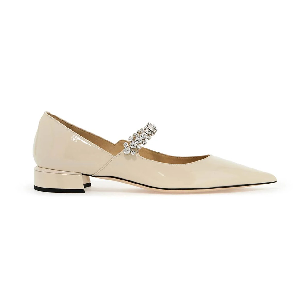 Jimmy Choo Bing 25 Crystal Strap Patent Leather Flat Pumps Linen