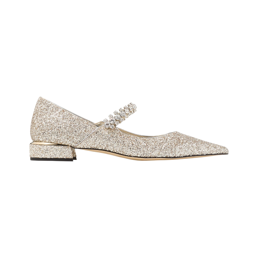 Jimmy Choo Bing 25 Crystal Strap Glitter Fabric Flat Pumps Sand