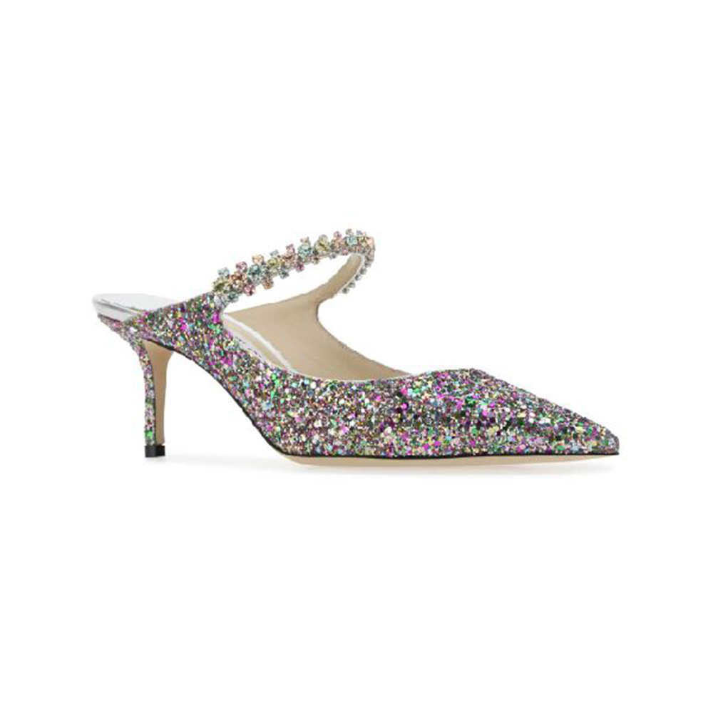 Jimmy Choo Bing 65 Glitter Leather Crystal Strap Heels
