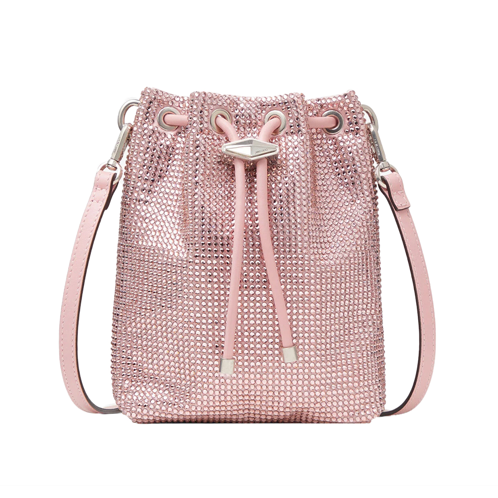 専用品JIMMY CHOO CINCH MINI ピンク 廃盤品 定価29万 Jimmy Choo Cinch Mini Bon Bon Satin Crystal Bucket Bag Rose Silver