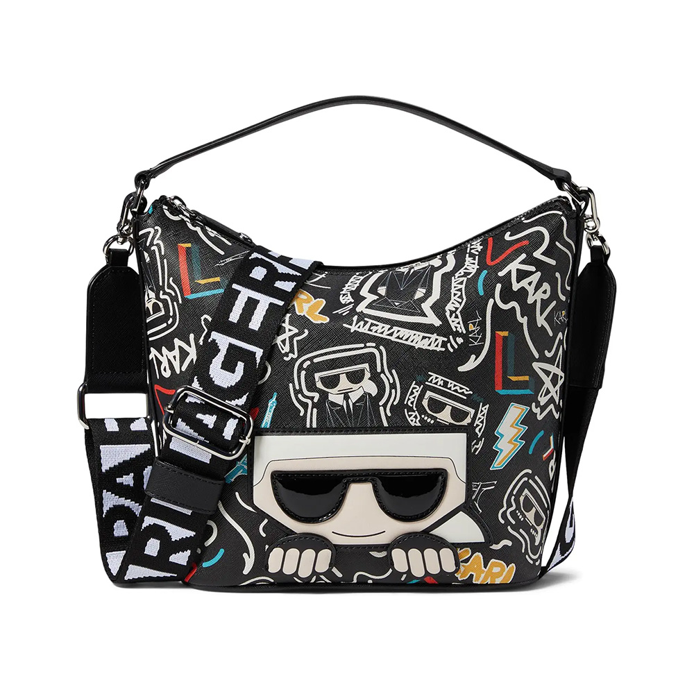 Karl Lagerfeld Monogram One Shoulder Tie Top – All Over Print Bleu Indigo – Top Femme Épaule Dénudée