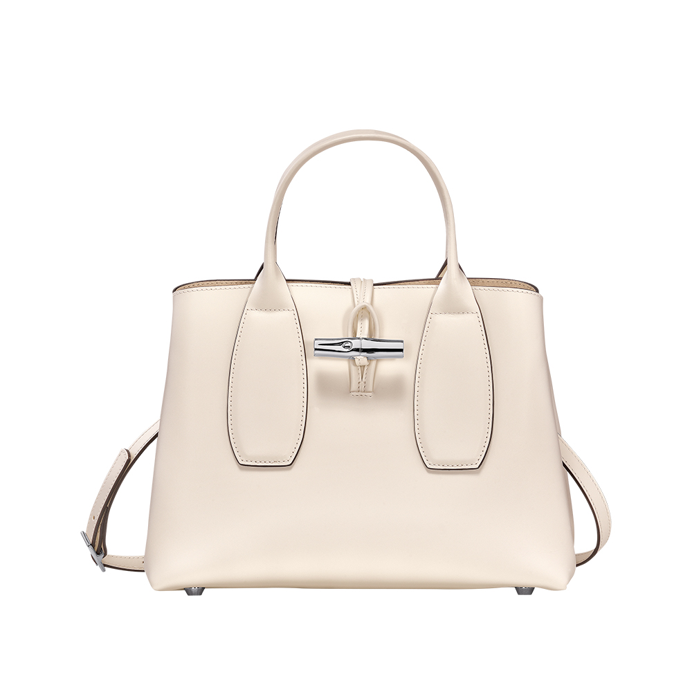 Longchamp Le Roseau Leather Medium Handbag Ecru –