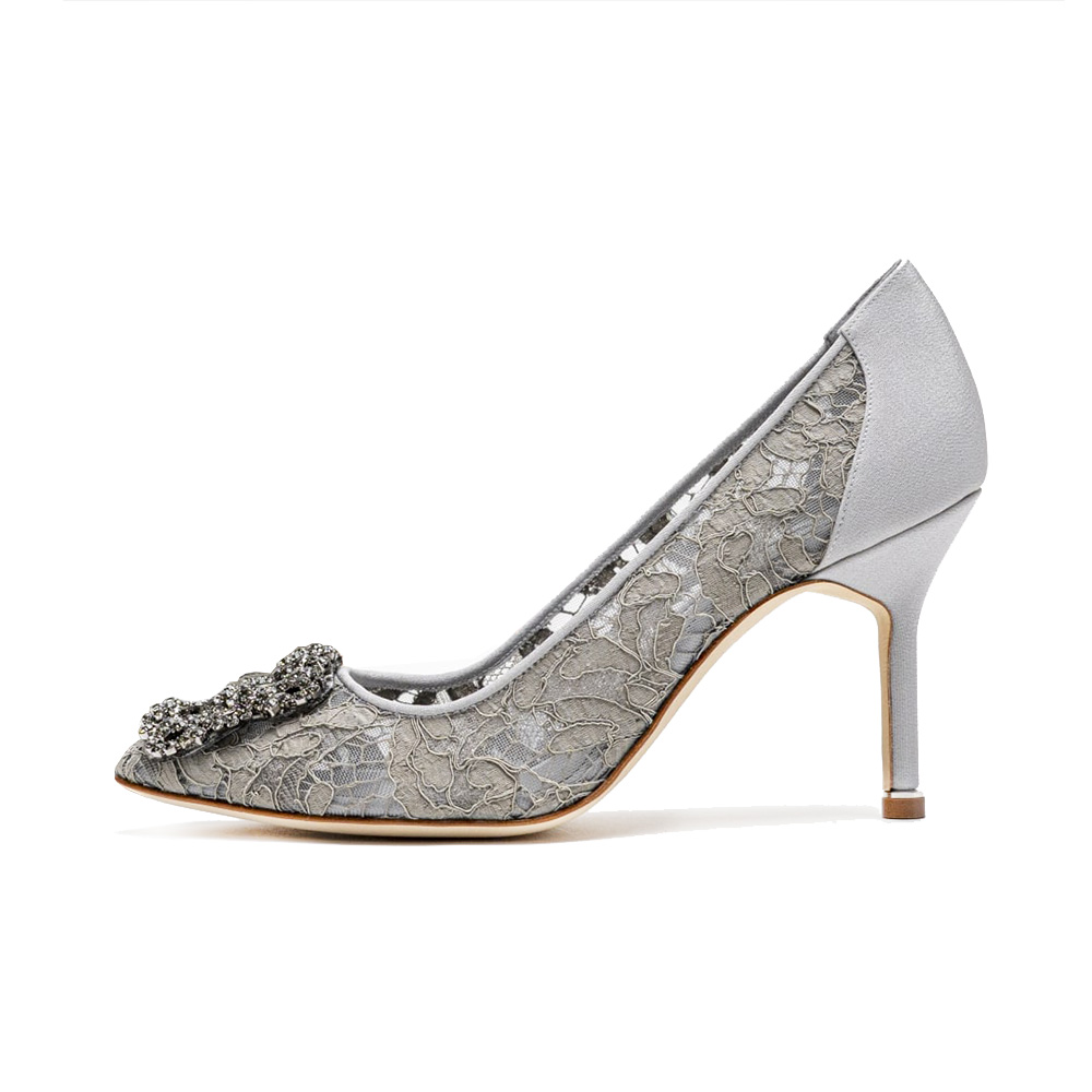 Manolo Blahnik Hangisi 90 Lace Pumps With FMC Crystal Buckle
