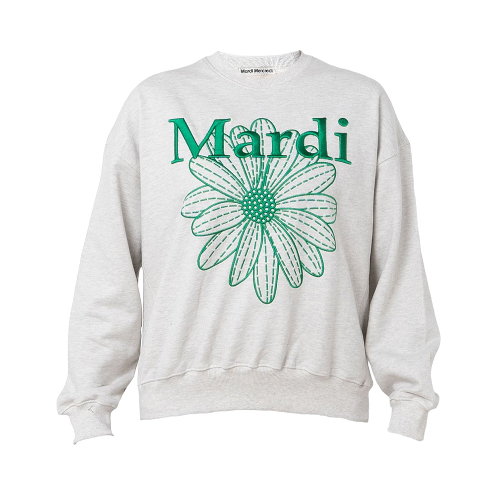 Mardi Mercredi Embroidered Flower Sweatshirt Oatmeal/Green
