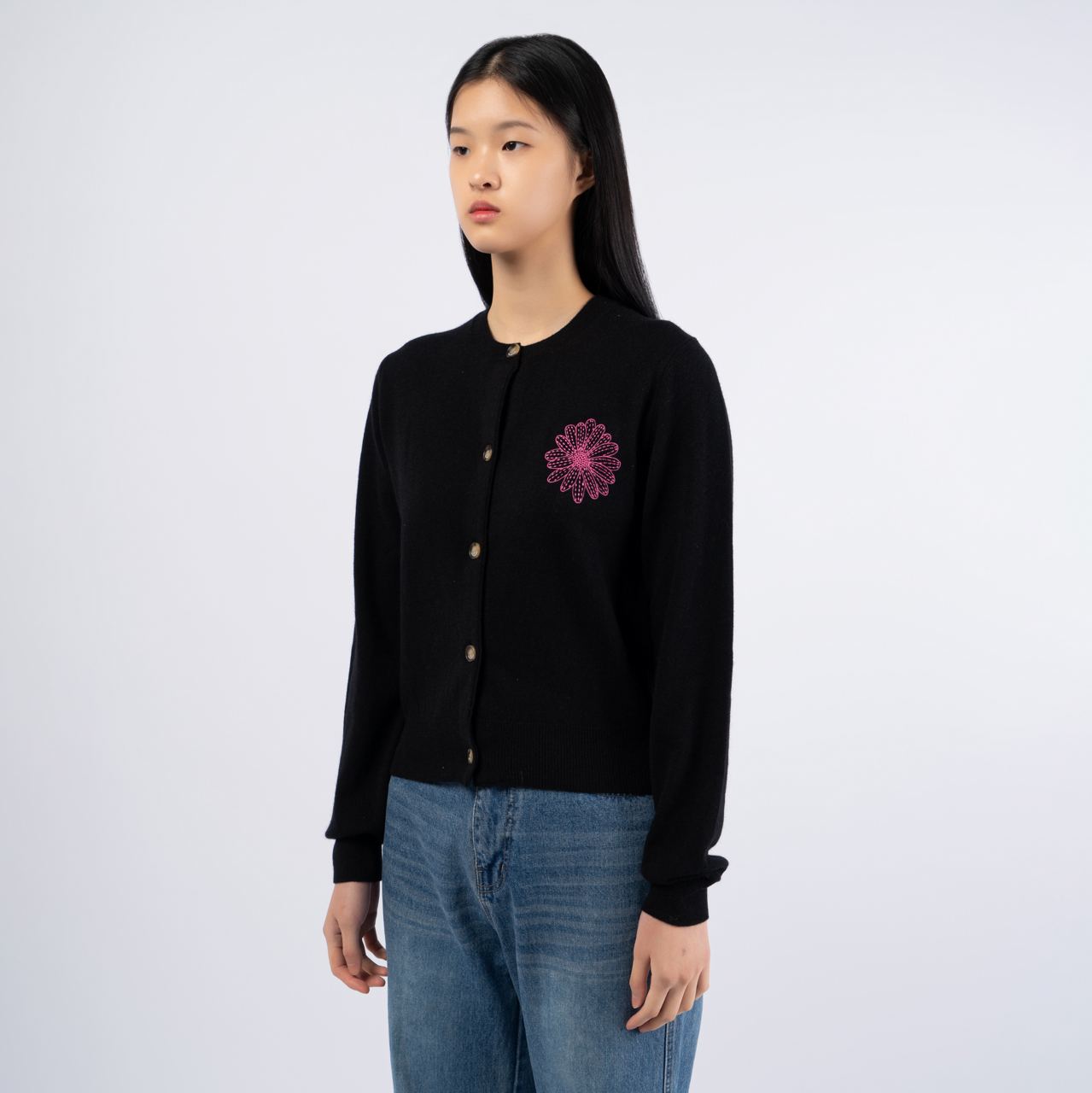 Mardi Mercredi Raccoon Blended Cardigan Round Neck Black