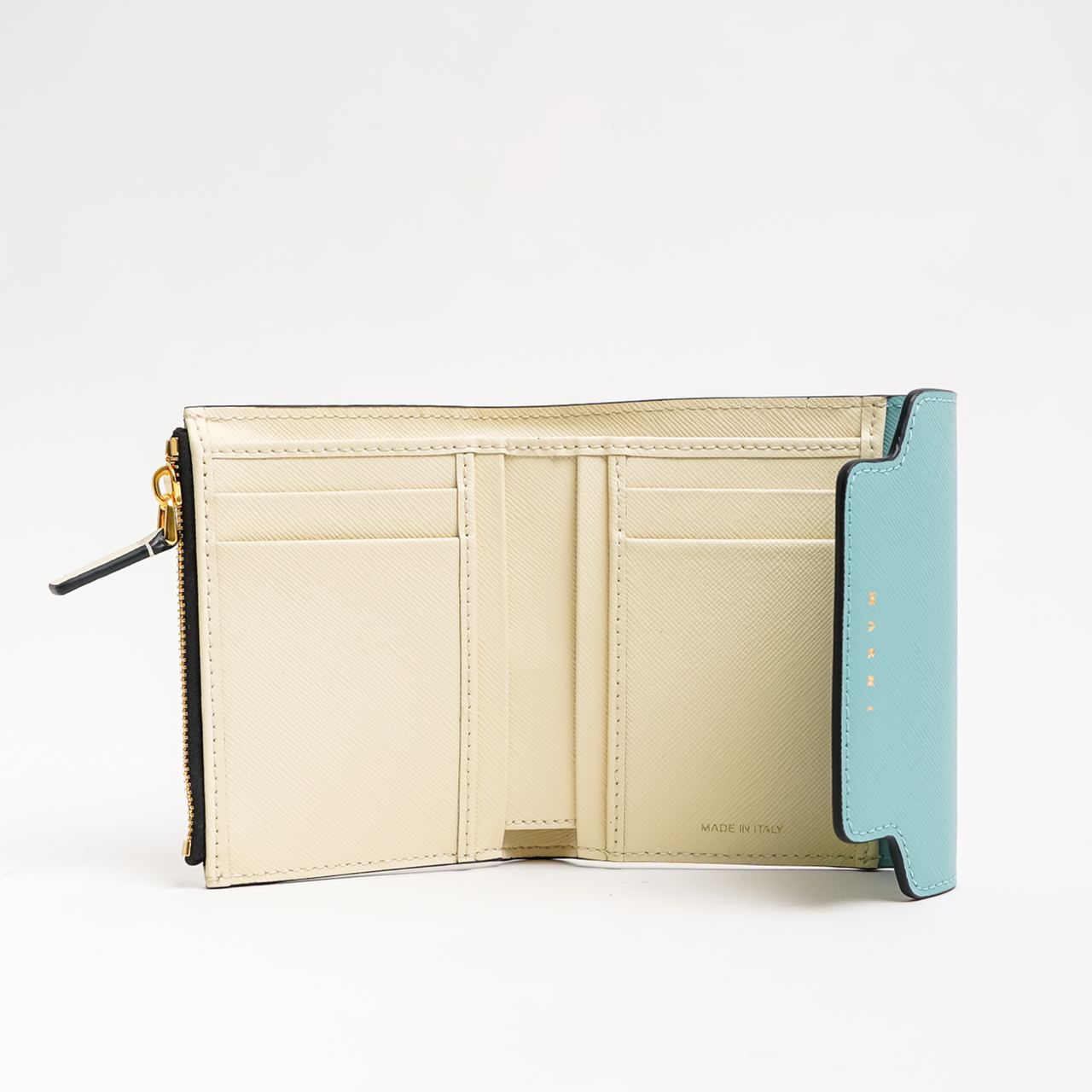 【MARNI】TRI-FOLD WALLET Black leather trifold wallet with Marni Mending embroidery