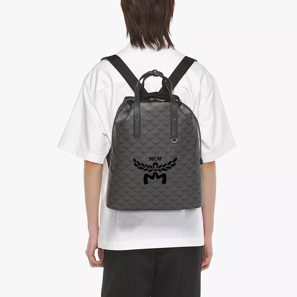 MCM Medium Himmel Drawstring Backpack In Lauretos Dark Grey/White