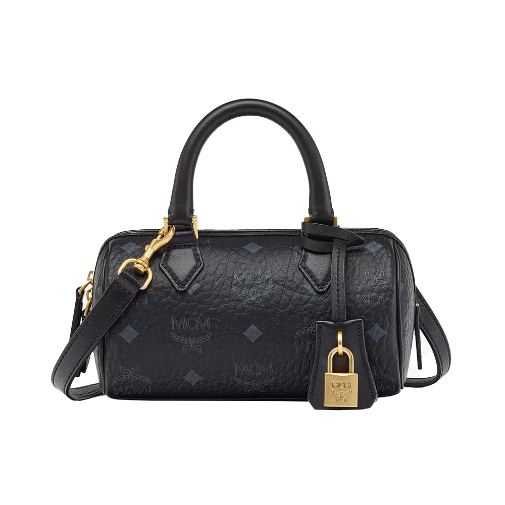 MCM Mini Ella Visetos Monogram Boston Bag Black voilà.id
