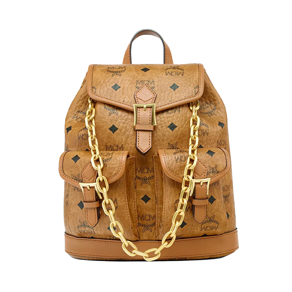 MCM Mini Aren Drawstring Visetos Backpack Cognac