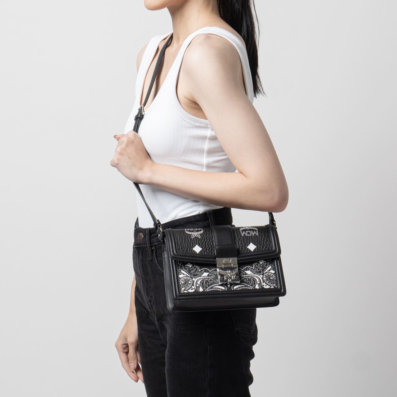 MCM Small Tracy Shoulder Bag in Studded Bandana Visetos