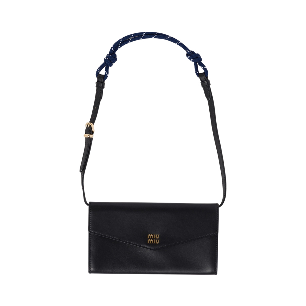 Miu Miu Cord Shoulder Strap Leather Wallet Black Baltic Blue 
